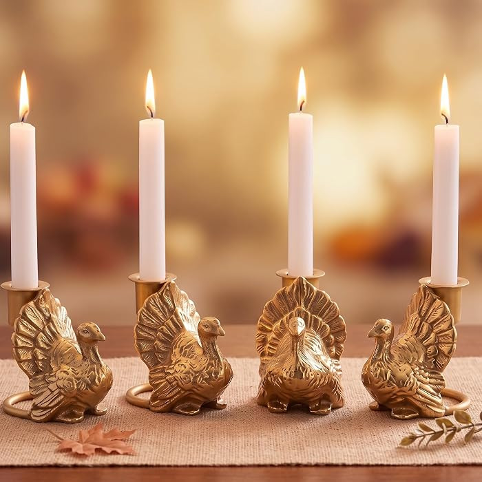 Qinyoung 4 Pcs Turkey Candle Holders Gold Metal Thanksgiving Centerpiece | Amazon (US)