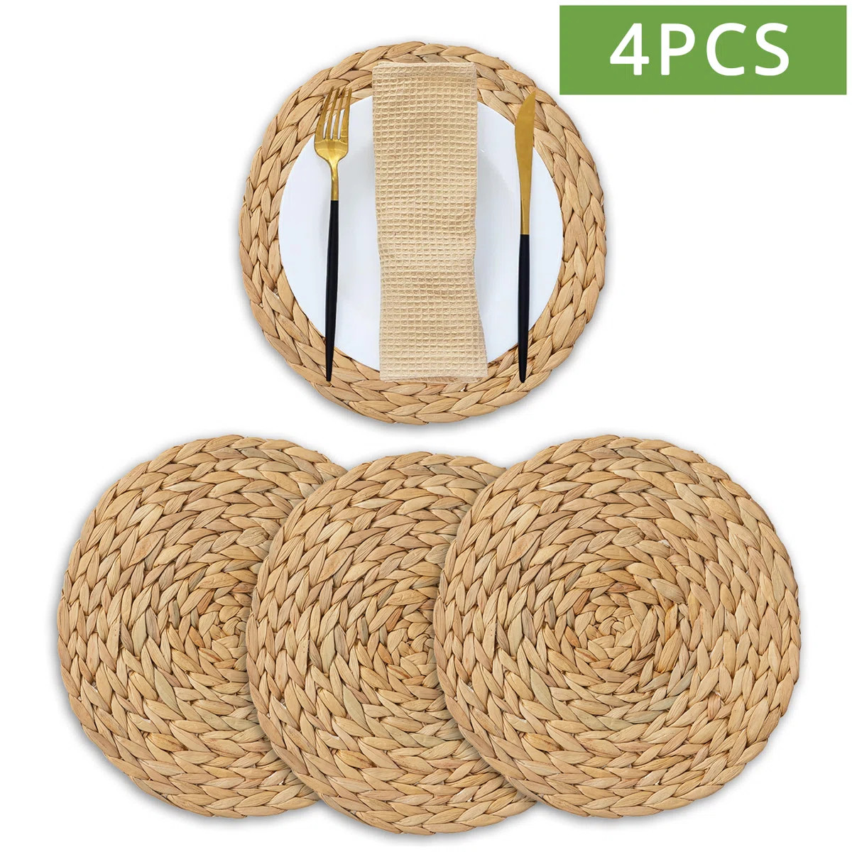 Natural Water Hyacinth Round Placemats Set of 4, 11.8" Handwoven Woven Table Mats for Dining Tabl... | Wayfair North America