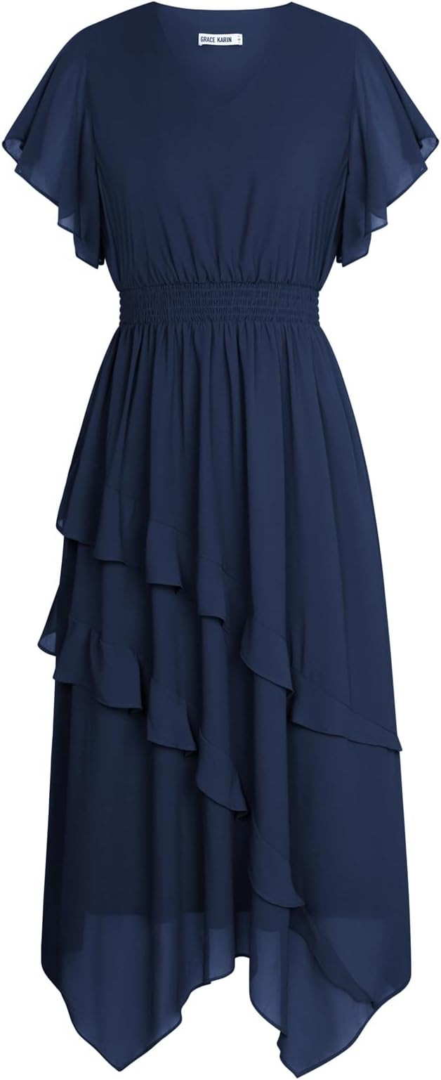 GRACE KARIN Women's Casual Summer V Neck Flutter Ruffle Short Sleeve 2025 Empire High Waist Flowy... | Amazon (US)