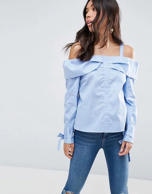 ASOS Cold Shoulder Top With Button Front And Tie Cuff | ASOS US