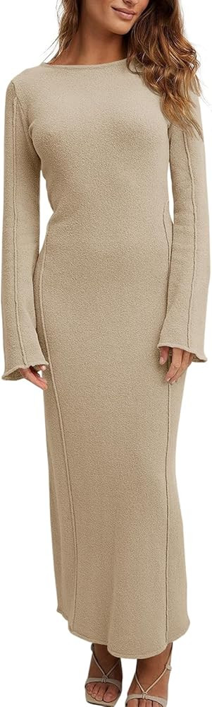 Fisoew Women's Long Sleeve Maxi Dress Knit Fall Elegant Boat Neck Bell Sleeve Wedding Guest Dress... | Amazon (US)