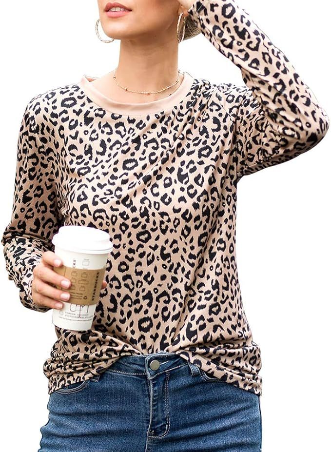 SHERONV Women’s Leopard Print Tops Casual Cute Shirts Basic Long Sleeve Blouse | Amazon (US)