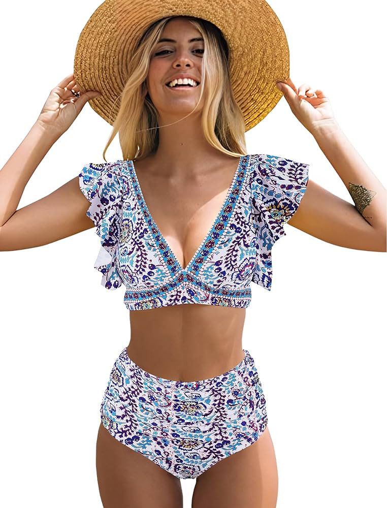 Women Ruffle High Waisted Swimsuit Two Piece Tropical Print Swimsuit Push Up Bathing Suit | Amazon (US)