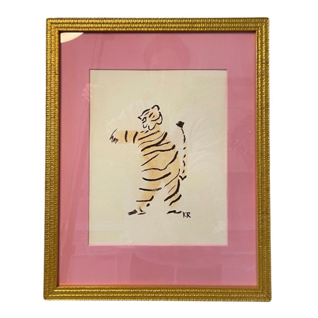 Framed Hand Painted Whimsical Tiger with Pink Mat Print | Etsy (US)