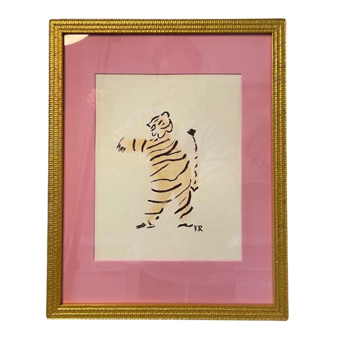 Framed Hand Painted Whimsical Tiger with Pink Mat Print | Etsy (US)