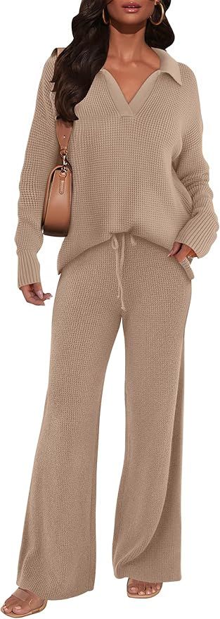 ANRABESS Womens Two Piece Outfits Sweater Sets Waffle Knit Pullover Wide Leg Pants Tracksuit Swea... | Amazon (US)