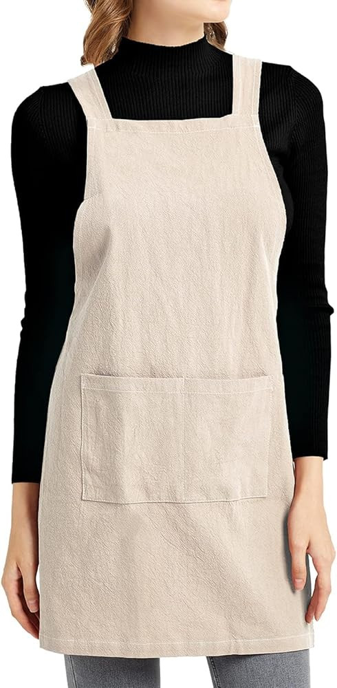 ELEZAY Aprons for Women with Pockets Plus Size Comfort Cross Back No Tie Cotton Linen Apron Pinaf... | Amazon (US)