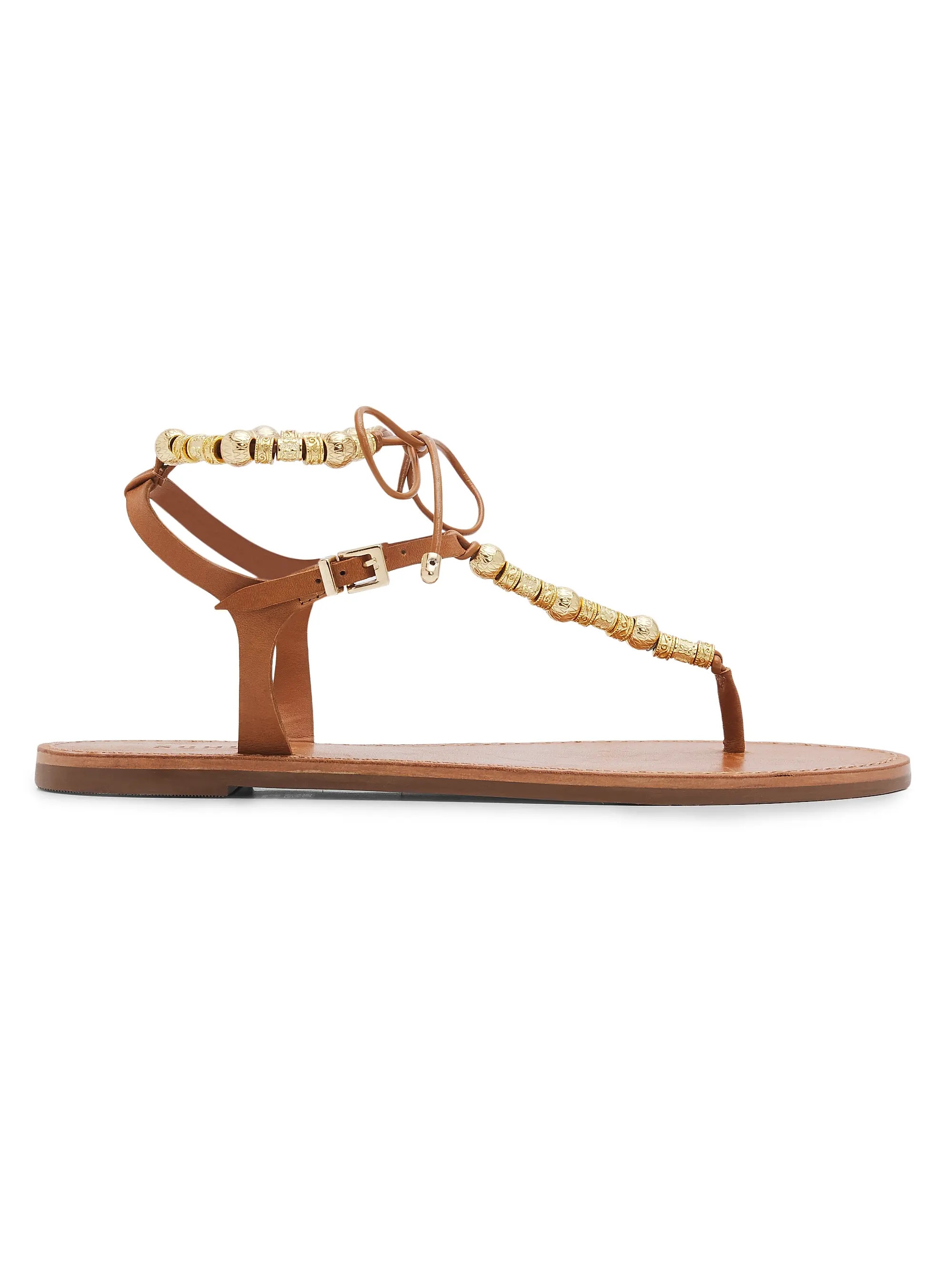 Schutz Nia Beaded Leather T-Strap Sandals | Saks Fifth Avenue | Saks Fifth Avenue