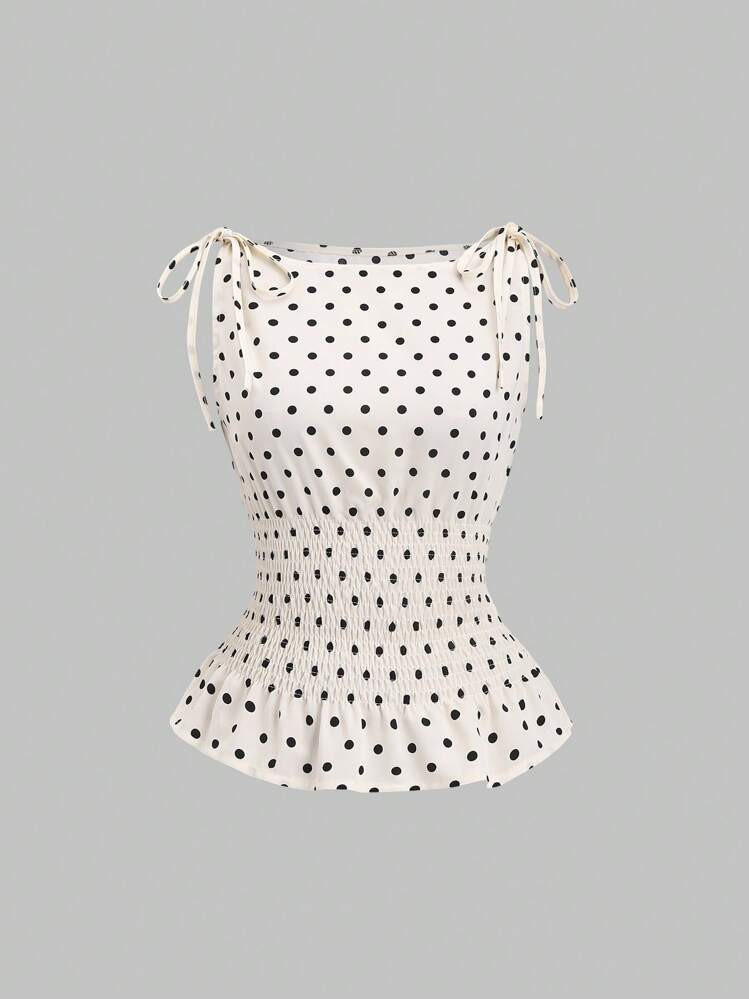 Sweetra Women's Elegant Dotted Bow Tied Shoulder Waist Drawstring Slim Fit Casual Daily Commute Versatile Tank Top, Spring/Summer Polka Dot Polka Dots | SHEIN