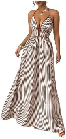 Floerns Women's Striped Halter Maxi Dress Backless Smocked Boho Dress | Amazon (US)