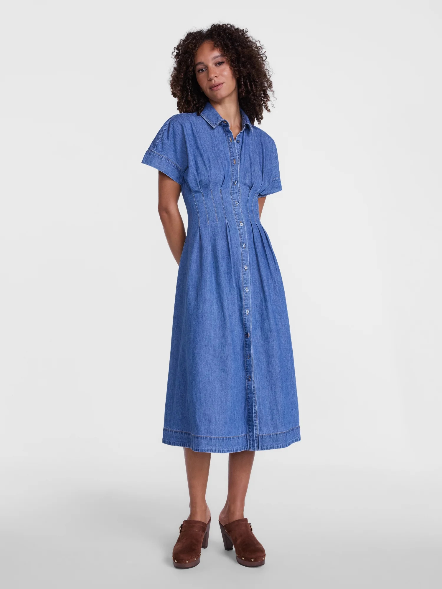 Scenario Women's and Women's Plus Pleated Waist Midi Shirtdress with Short Sleeves, Sizes XS-4X | Walmart (US)
