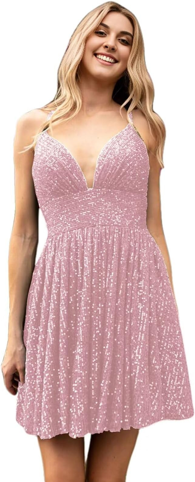 Sequined Prom Dress for Women Spaghetti Straps Short Homecoming Dresses Cross-Back | Amazon (US)