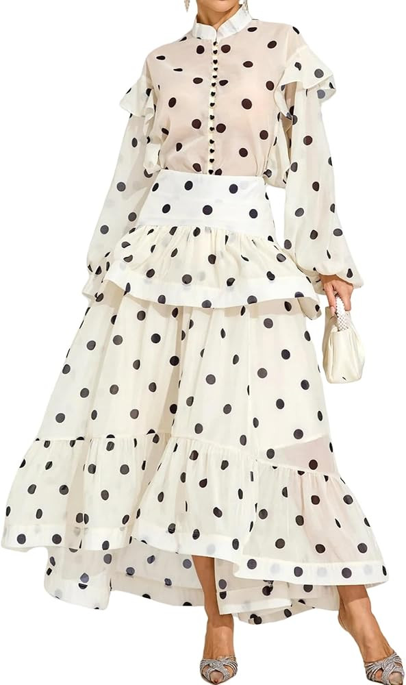 NIFTRIRY Two Piece Sets for Women Dressy Ruffle Long Sleeve Button Polka Dot Top High Waist Maxi ... | Amazon (US)