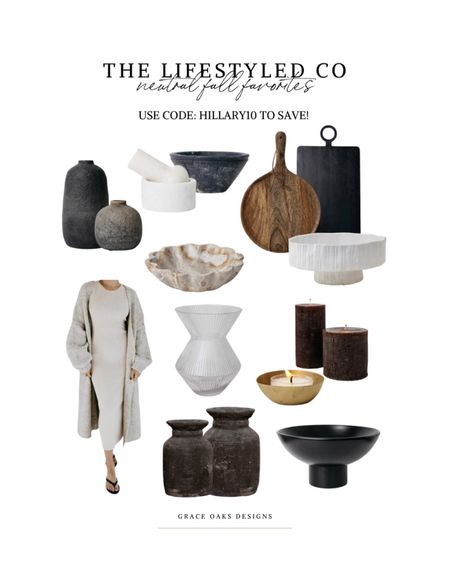 FALL the lifestyled co neutral favorites - use code: HILLARY10 to save!
warm earthy decor for fall

Thelifestyledco LCO fall home decor. Fall decor. Organic modern decor. Modern organic decor. Neutral decor. Fluted vase. Ribbed vase. Bowl. Decorative bowl. Coffee table decor. Shelf decor. Console table decor. Marble bowl. Scallop bowl. Charcuterie board. Kitchen decor. Black vase. Textured vase. Brown candles. Brown vase. Black bowl  

#LTKSeasonal #LTKfindsunder50 #LTKhome
