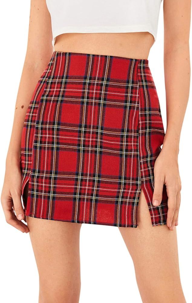 Women's Plaid Skirt High Waist Split Front Zip Up Mini Bodycon Skirt | Amazon (US)