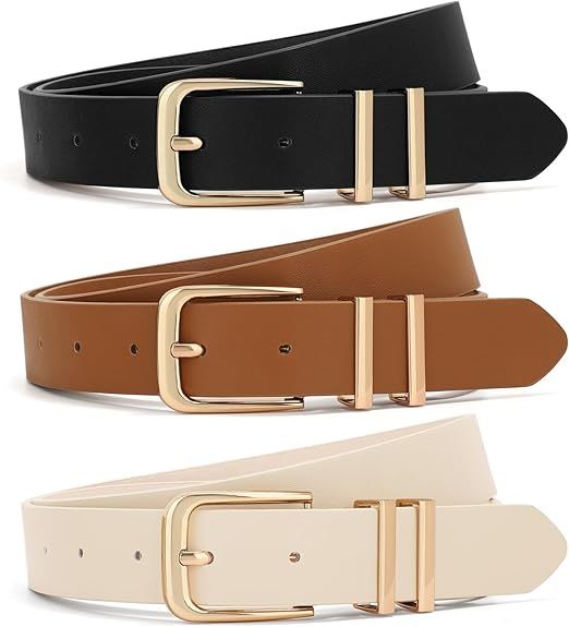 XZQTIVE 3 Pack Women Belts For Jeans Dresses Pants Ladies Leather Waist Belt with Gold Buckle | Amazon (US)