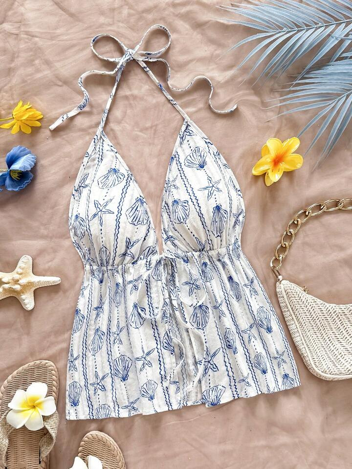 Soleia Women's Casual Vacation, Western, Beach, Wedding Guest, Graduation, Brunch, St. Patrick's Day, Spring Break, Easter, Music Festival Elegant Bohemian, Tropical, Backless, Ocean Animal, Shell, Bowknot Strap Halter Camisole Top, Spring/Summer | SHEIN