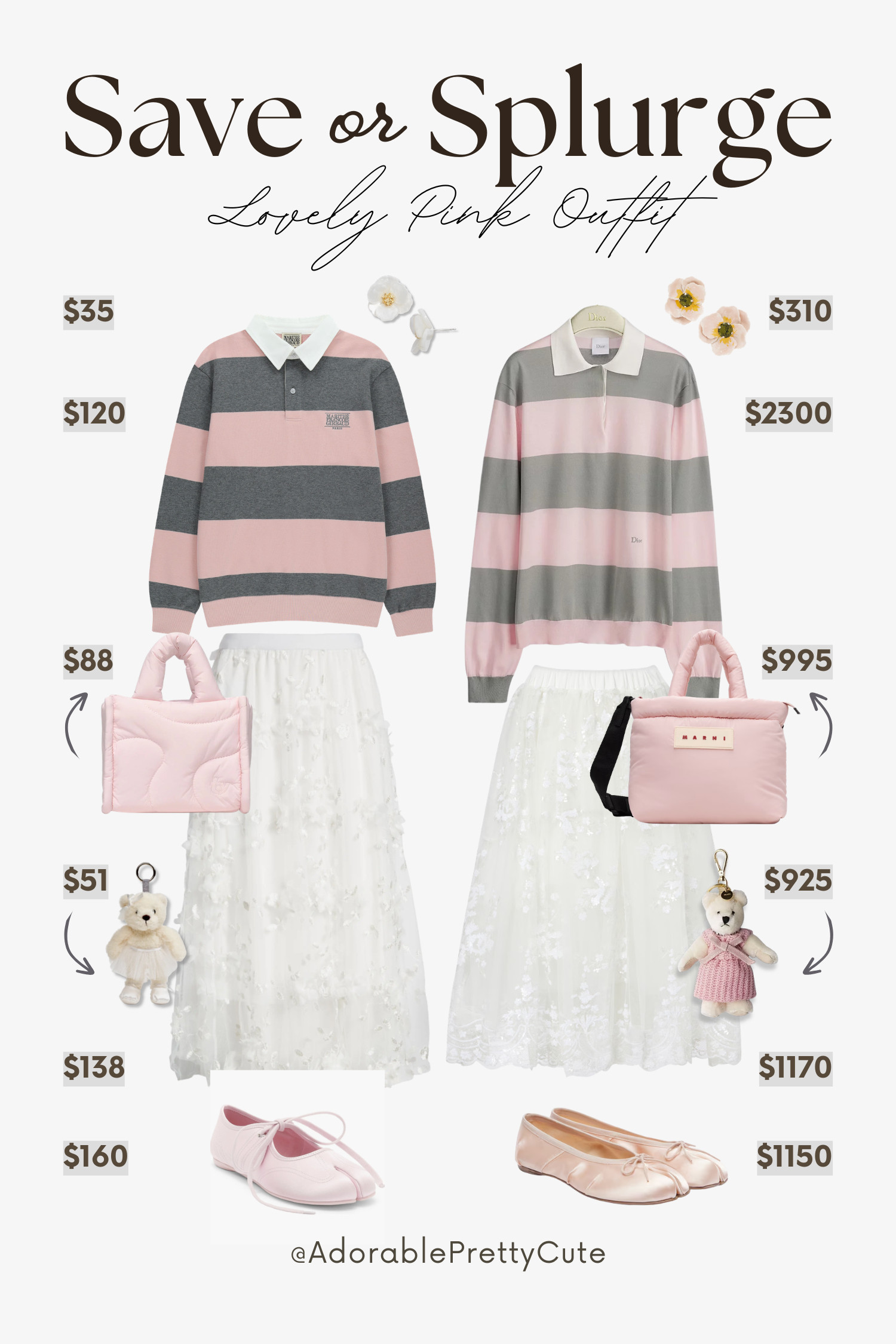 Look for Less｜Pink Rugby Top & Romantic Skirt Outfit 💗🌫️
A sporty striped top paired with a soft floral or sequined skirt, finished with blush bags, teddy charms, and split-toe flats. Same playful sporty-meets-romantic mood, just at two different price points.
#LookForLess #SaveVsSplurge #SaveOrSplurge #PinkOutfit #RugbyTop #PoloShirtOutfit #RomanticSkirt #TulleSkirt #FloralSkirt #SportyRomantic #BlushBag #FloralEarrings #PansyEarrings #TeddyCharm #SplitToeFlats #MaryJanes #OutfitInspo #LTKFinds #LTKsummer 

 #LTKsummer #LTKsale #LTKstyletip