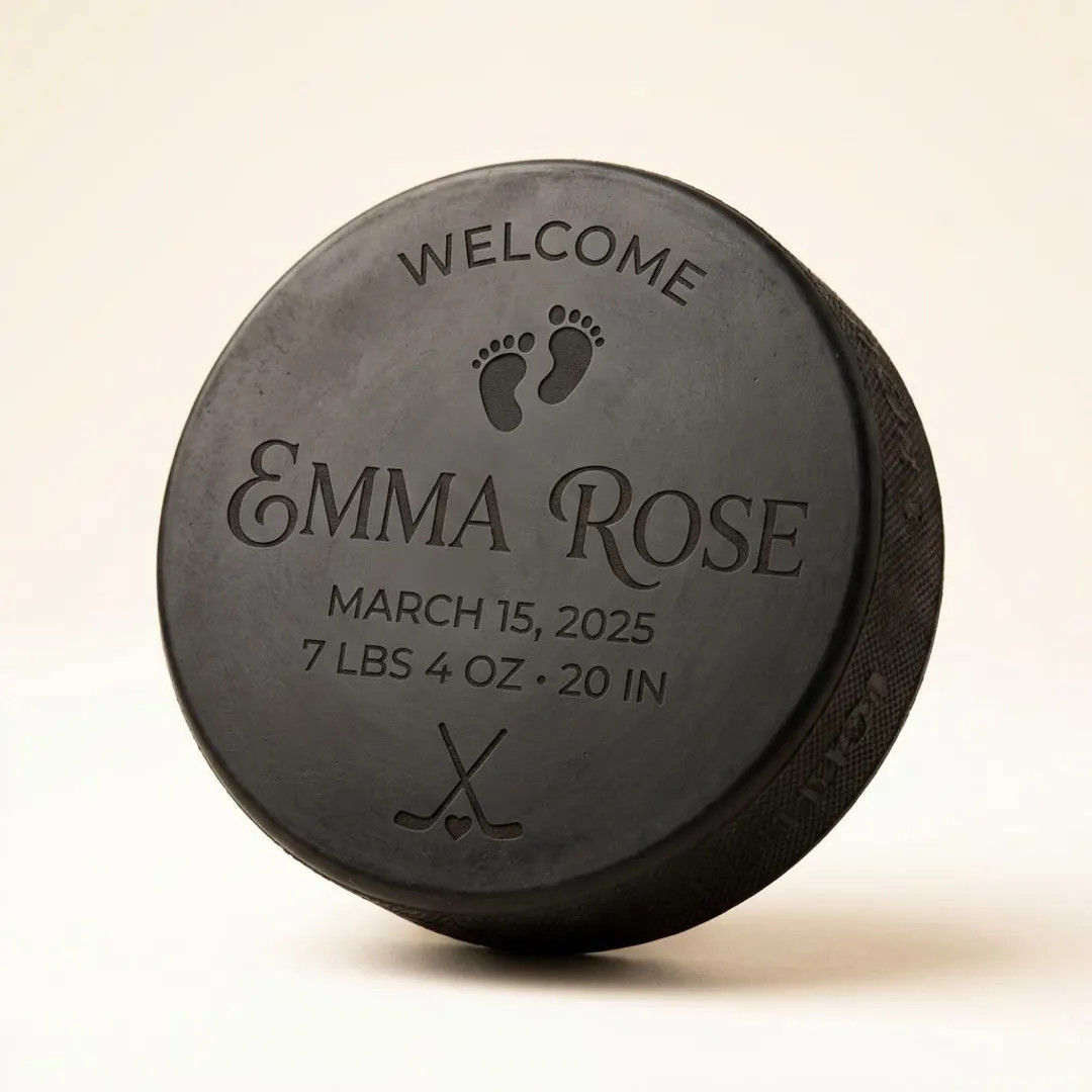 Personalized Hockey Puck Baby Birth Announcement, Custom Newborn Stats Gift for Hockey Dad, Engra... | Etsy (Global)