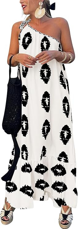 PRETTYGARDEN Women's 2026 Summer One Shoulder Maxi Dress Printed Flowy Boho Long Sundresses Sprin... | Amazon (US)