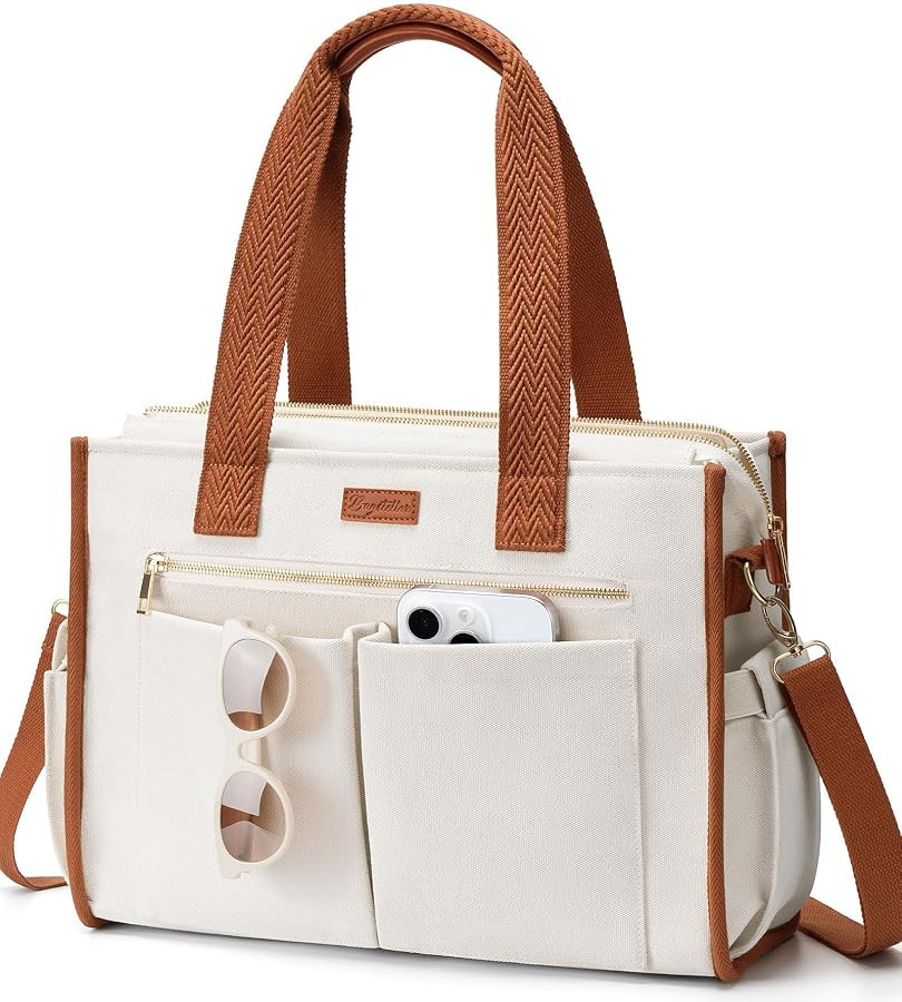 Canvas Tote Bag for Women, 15-Pockets Work Laptop Tote Purse Large Crossbody Nurse Teacher Bible ... | Amazon (US)