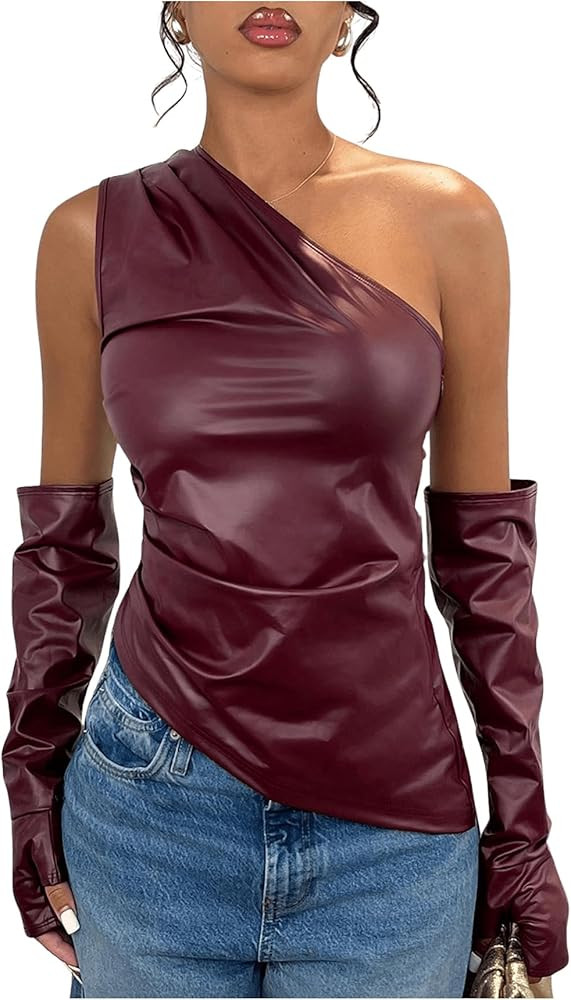 MakeMeChic Women's One Shoulder Leather Blouse Asymmetrical Hem Tops with Arm Warmer Set | Amazon (US)