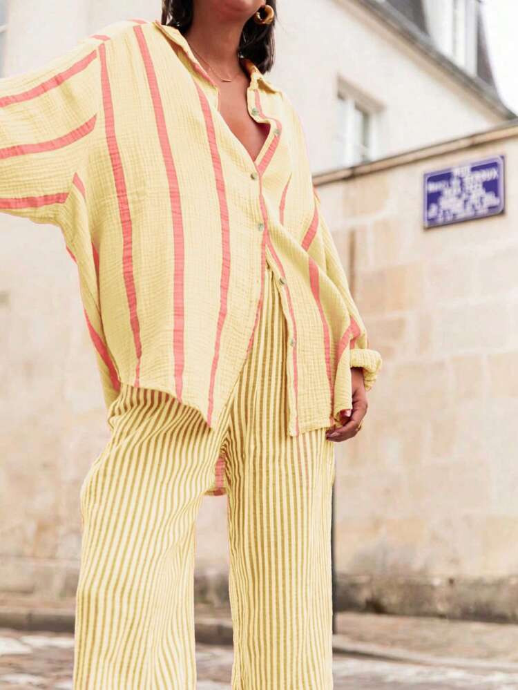Oversized Yellow And Pink Stripe Shirt | SHEIN