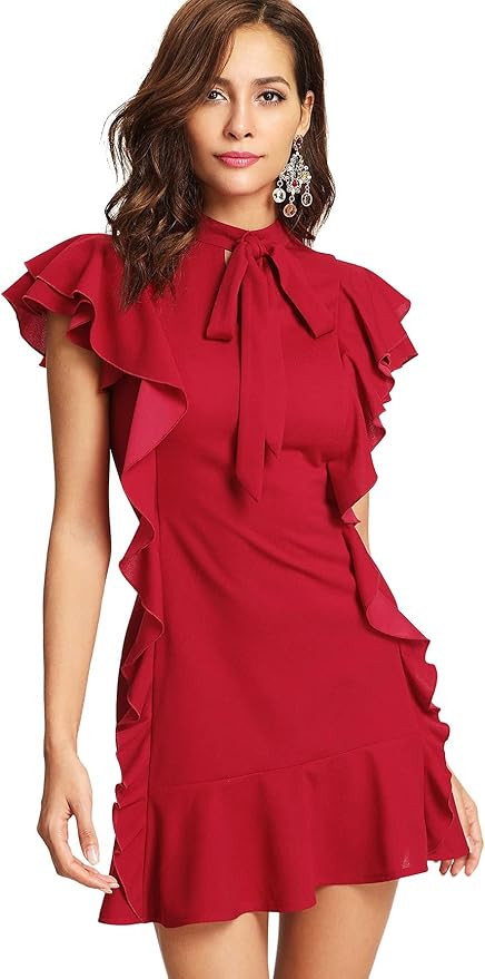 Floerns Women's Tie Neck Short Sleeve Ruffle Hem Cocktail Party Dress | Amazon (US)