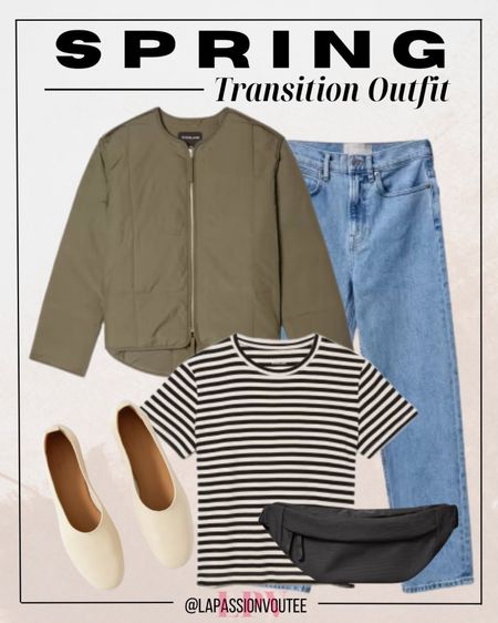Transition into spring with ease in this cozy-chic ensemble: layer a quilted jacket over a box-cut tee for effortless style. Pair with jeans, a trendy belt bag, and comfy flat shoes for a relaxed yet fashionable look. Perfect for those in-between days. 

#LTKstyletip #LTKMostLoved #LTKSeasonal