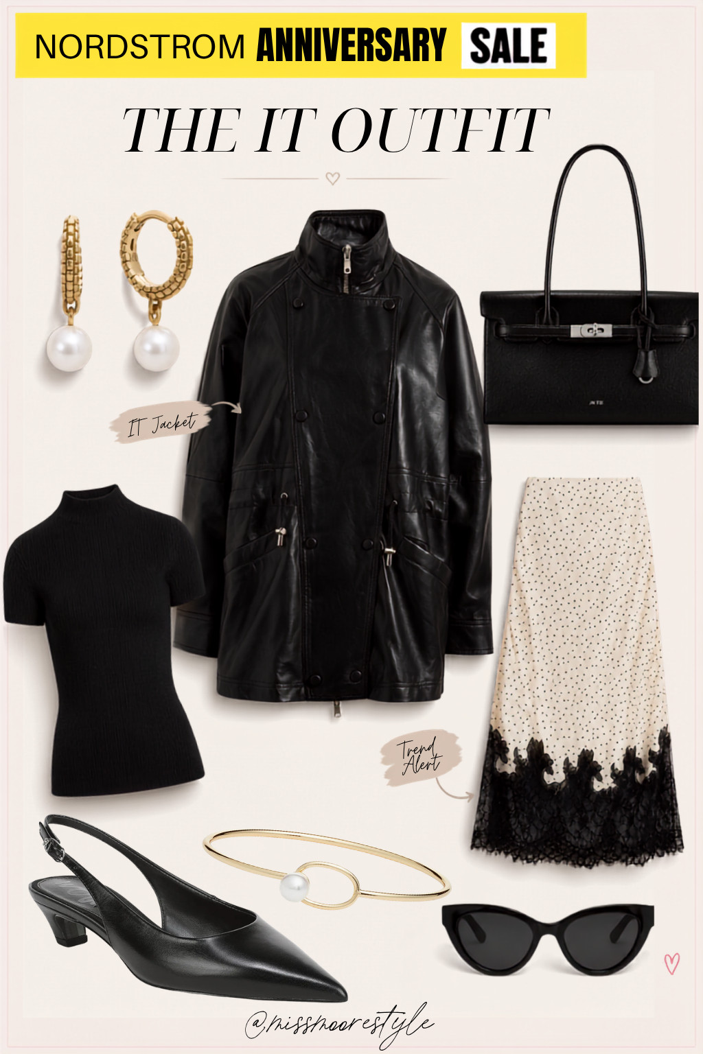 If you're buying ONE outfit from the Nordstrom Anniversary Sale... make it this. 🖤

This look checks every box for Fall 2026: the funnel-neck leather jacket, polka dot lace skirt, East-West handbag, chic slingback heels, pearl earrings, and sleek cat-eye sunglasses. It's polished, timeless, and feels designer without the designer price tag.

These are the pieces I predict will sell out first, so if something catches your eye, don't wait.

✨ Save this outfit for fall inspiration and shop every piece through my LTK before prices go back up!

#LTKSale #NordstromAnniversarySale #FallFashion #FallOutfit #CapsuleWardrobe #QuietLuxury #LuxuryStyle #ClassicStyle #WearMoreSpendLess #LTKStyle 

 #LTKSaleAlert #LTKMidsize
