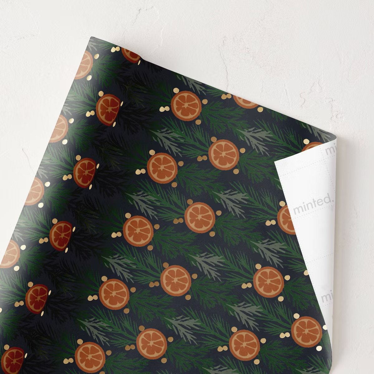 Minted Foil Citrus and Pine Luxury Gift Wrapping Paper Green/Orange | Target