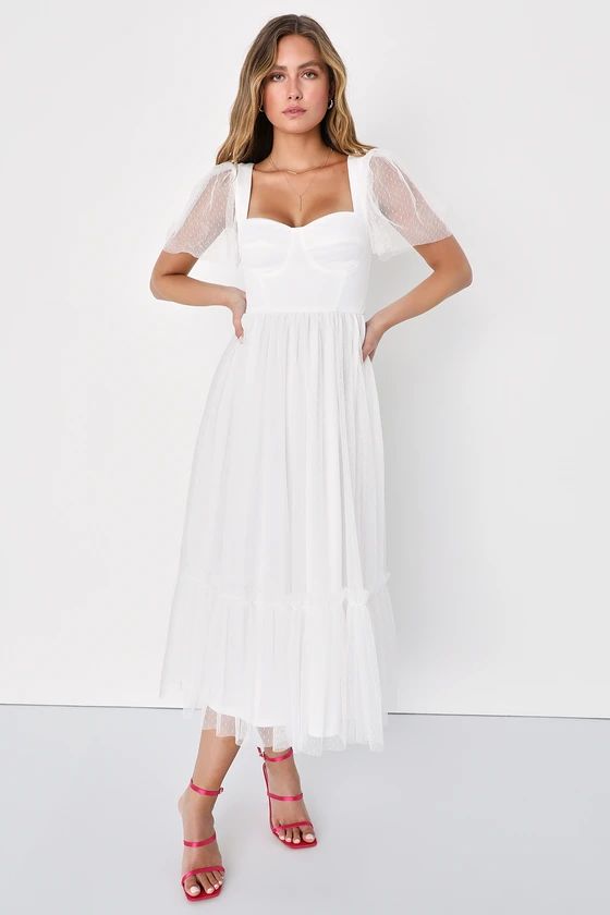 Dreamy Celebration White Tulle Bustier Swiss Dot Midi Dress | Lulus