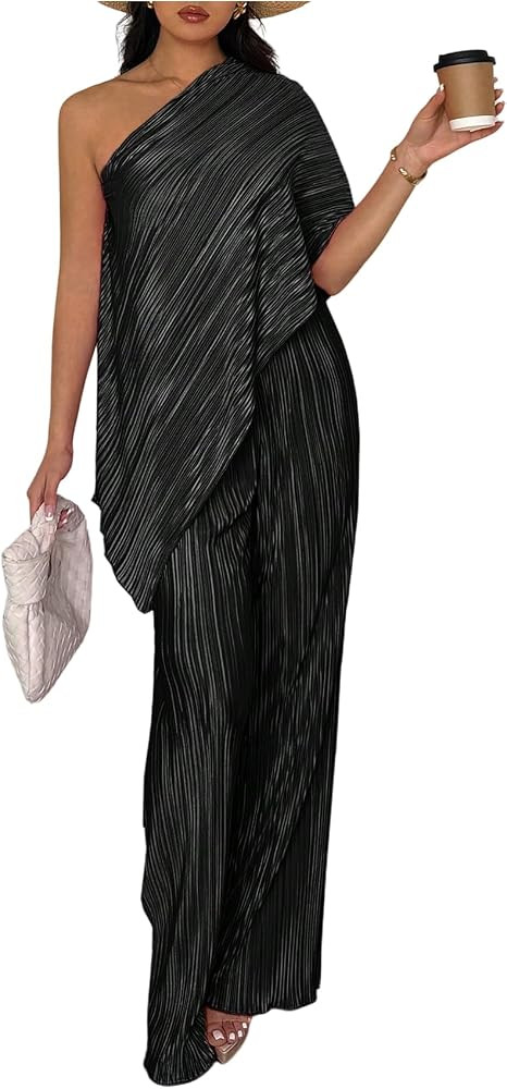 Floerns Women's 2 Piece Outfit Textured Off The Shoulder T Shirts and Long Pants Set | Amazon (US)