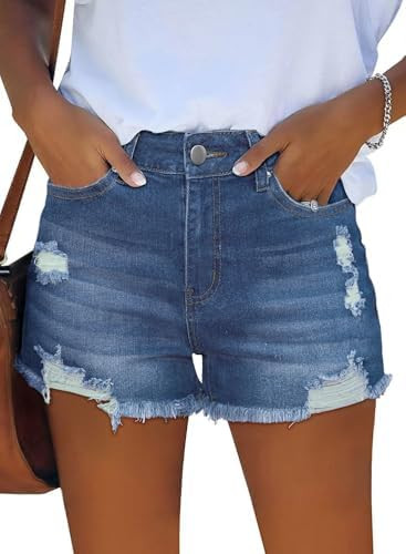 MixShe Womens Mid-High Waisted Ripped Denim Jean Shorts Stretchy Distressed Cutoff Summer Shorts | Amazon (US)