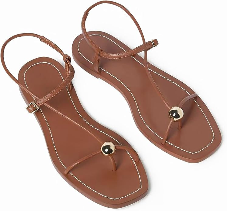 Flat Sandals for Women Ankle Buckle Flip Flops Summer Sandals Casual Beach Shoes | Amazon (US)
