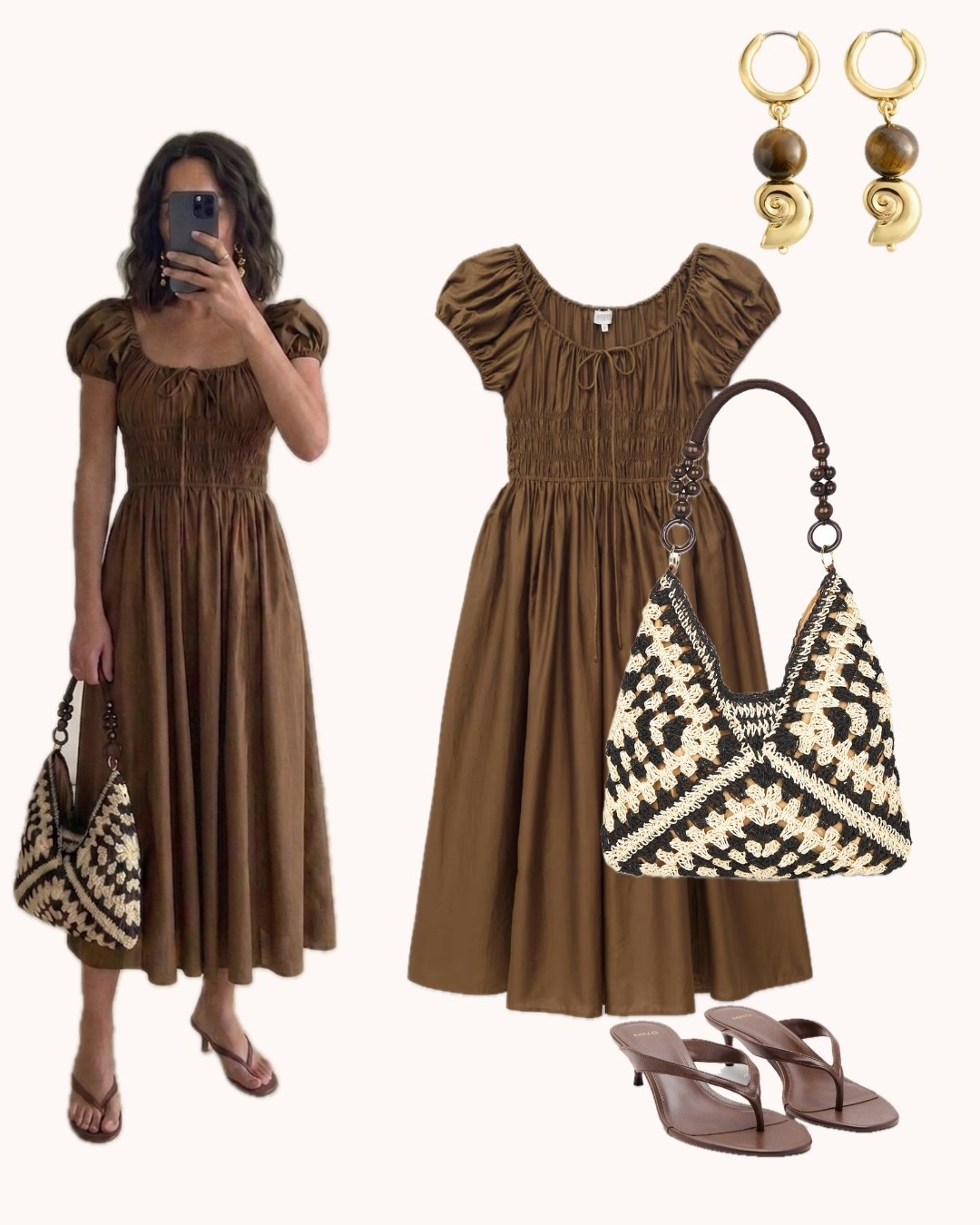 Brown is having its moment 🤎 — 
and it deserves it. There's a warmth to this shade that feels like late afternoon light on terracotta, like espresso, like the worn leather of a favorite bag. The smocking, the crochet, the earrings that catch the sun — it all comes together the way the best outfits do: effortlessly, inevitably. 

 #LTKeurope #LTKsummer #LTKstyletip