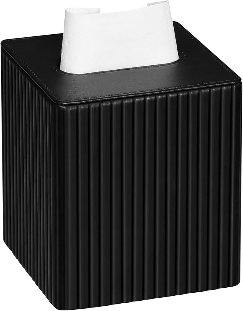 PU Leather Tissue Box Cover Square Tissue Box Holder with Magnetic Closure (Black Stripe) | Amazon (US)