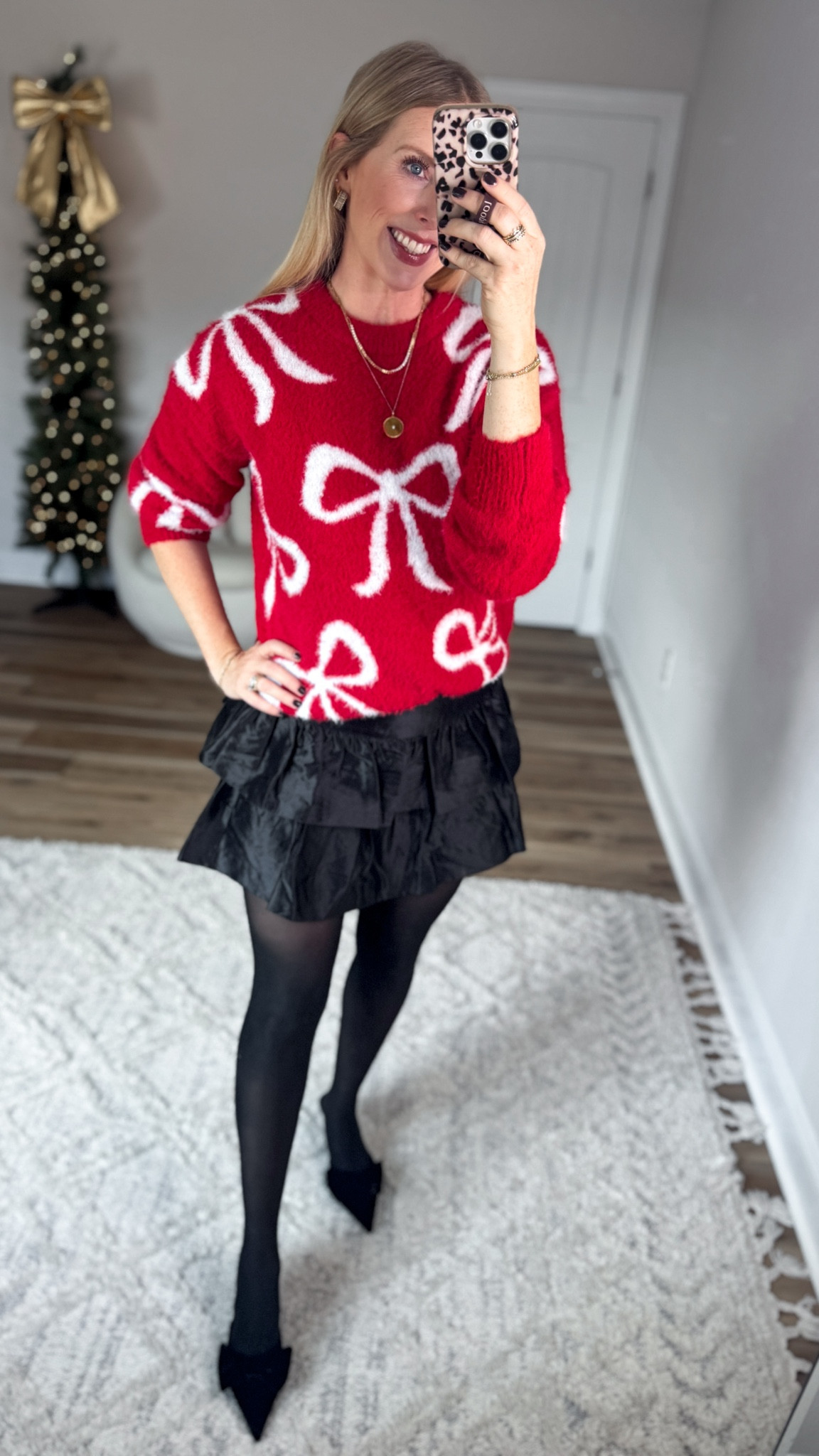 Daily try on, Walmart outfit, Walmart fashion, Walmart try on, red bow sweater, black skirt, holiday style 

#LTKStyleTip #LTKHoliday #LTKFindsUnder50