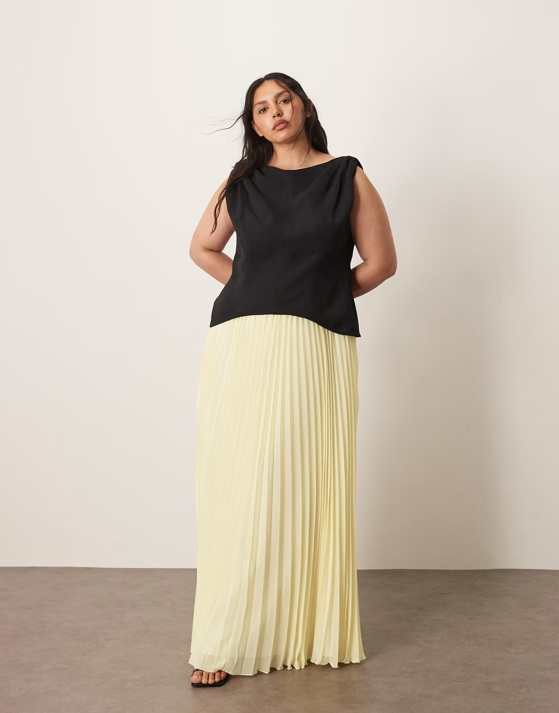 ARRANGE Curve twist shoulder pleat skirt hybrid maxi dress in contrast black and buttermilk | ASOS (Global)