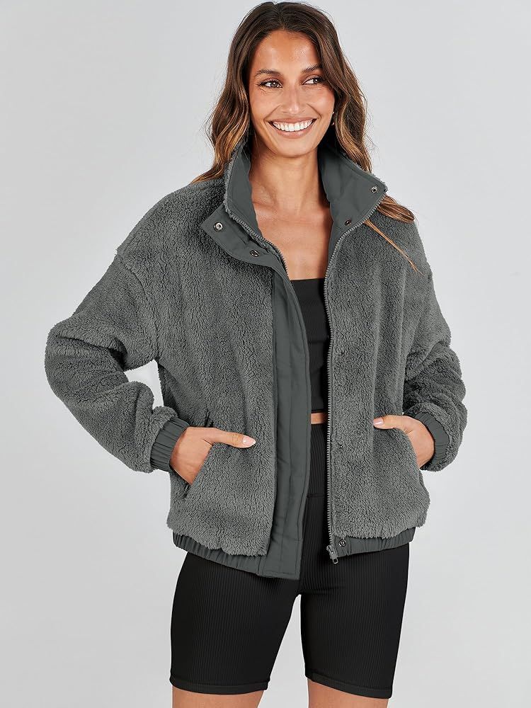 ANRABESS Women Sherpa Fleece Jackets Casual Long Sleeve Buttons Cropped Coat Winter Outwear | Amazon (US)