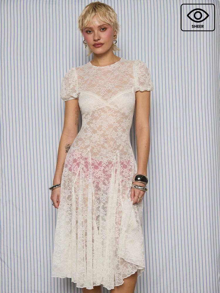 COUREZ Puff Sleeve Lace Midi Dress /Y2K Spring Clothes For Women Cute Y2K Summer Clothes For Women Summer Outfits For Women Festival Outfits Concert Outfits Spring Outfits For Women | SHEIN