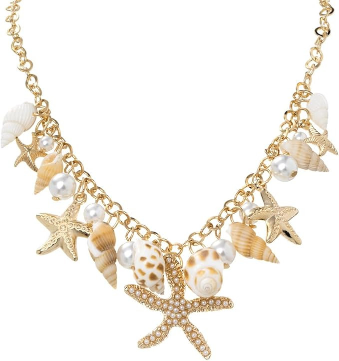 CYWQ Shell Starfish Necklace Conch Pearl Seashell Statement Chunky Layered Shell Necklace Costume... | Amazon (UK)