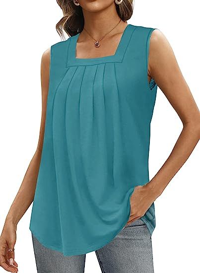 LERUCCI Womens Tank Tops Loose Fit Square Neck Summer Top Pleated Curved Hem Flowy Sleeveless Shi... | Amazon (US)