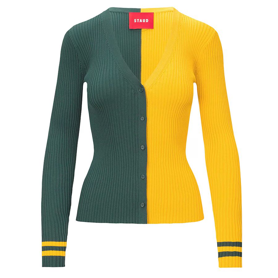 Women's Green Bay Packers STAUD Green/Gold Cargo Sweater | NFL Shop