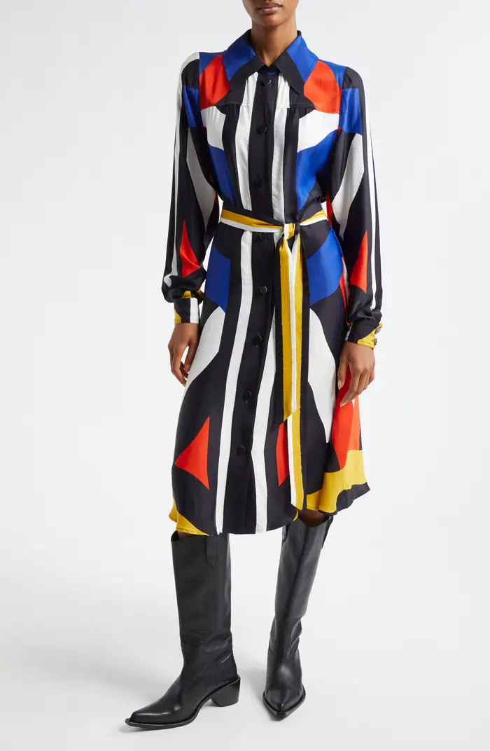 Amanda Abstract Print Long Sleeve Satin Shirtdress | Nordstrom