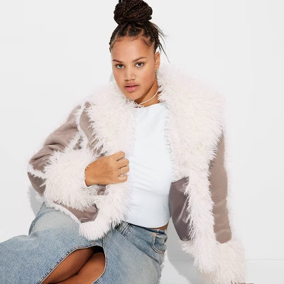 Women's Cropped Faux Suede Shag Jacket - Wild Fable™ Gray | Target