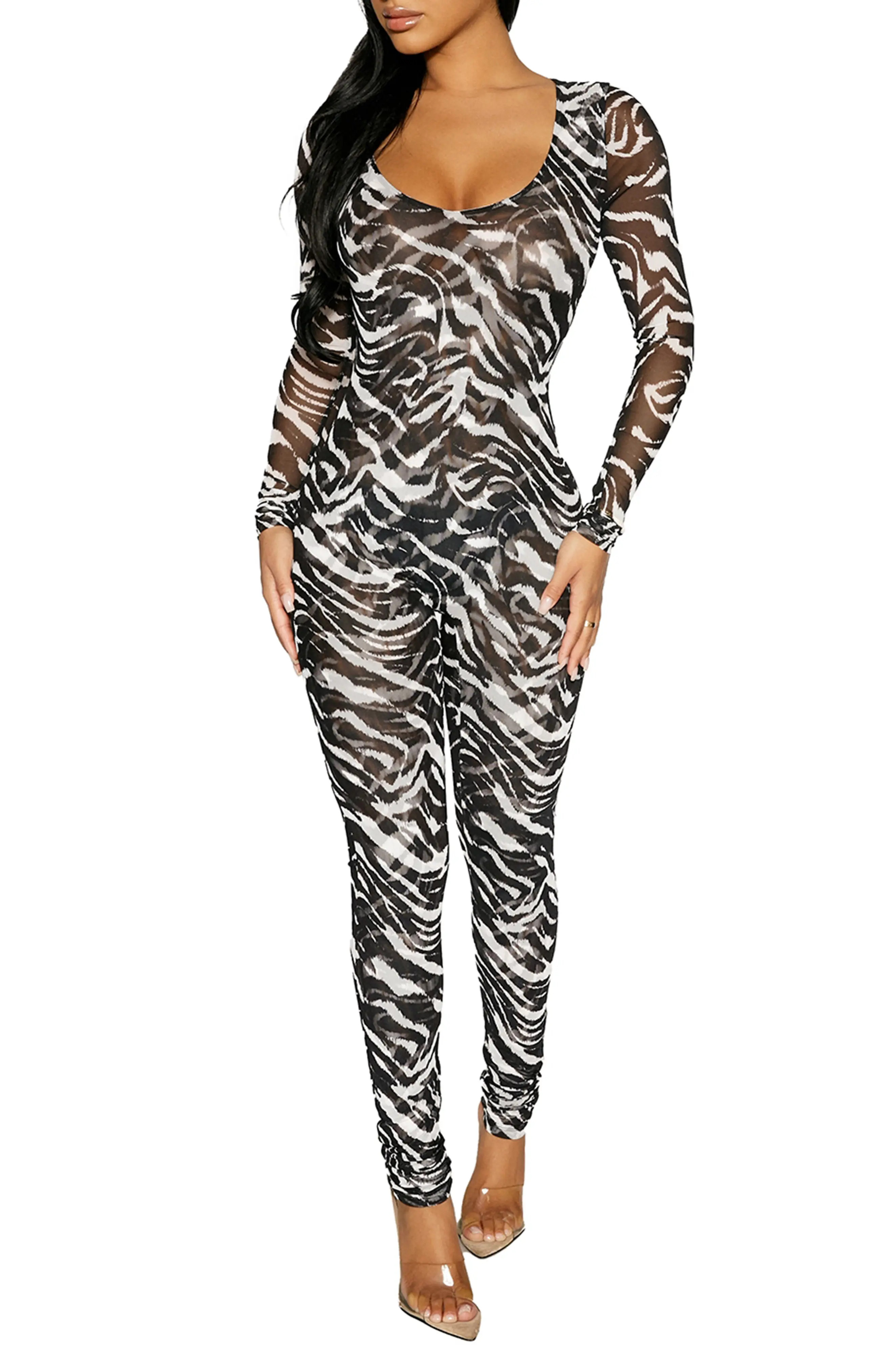 Naked Wardrobe Long Sleeve Animal Print Mesh Jumpsuit, Size Large in Bl/wh Zebra at Nordstrom | Nordstrom
