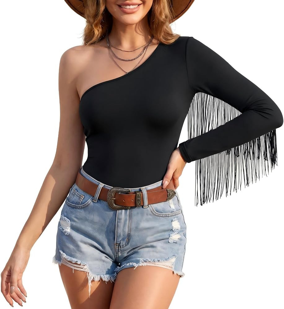 Komorebi Women's Fringe Trim One Shoulder Long Sleeve Bodysuit Top Cowgirl Outfits Disco Outfit B... | Amazon (US)