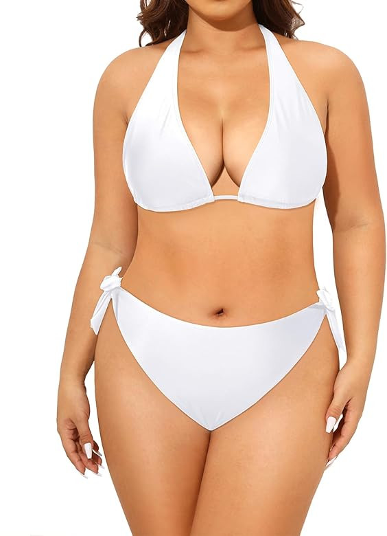 Amazon.com: Tempt Me Women White Plus Size Triangle Bikini Halter Two Piece Swimsuit Sexy Tie Sid... | Amazon (US)
