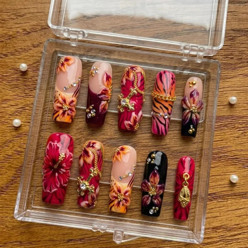 Tropical Floral Press on Nails | Bold Glam Coffin Nails | Tiger Print 3D Flower Nails | Jeweled H... | Etsy (Global)